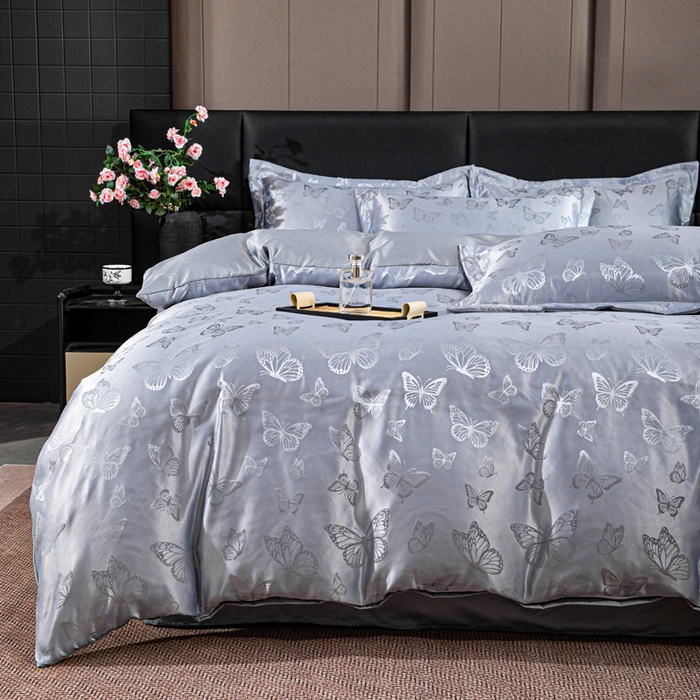 91家纺网 家纺一手货源 找家纺 优美 2026新款简单款水洗提花四件套 蝶之恋-浅云灰