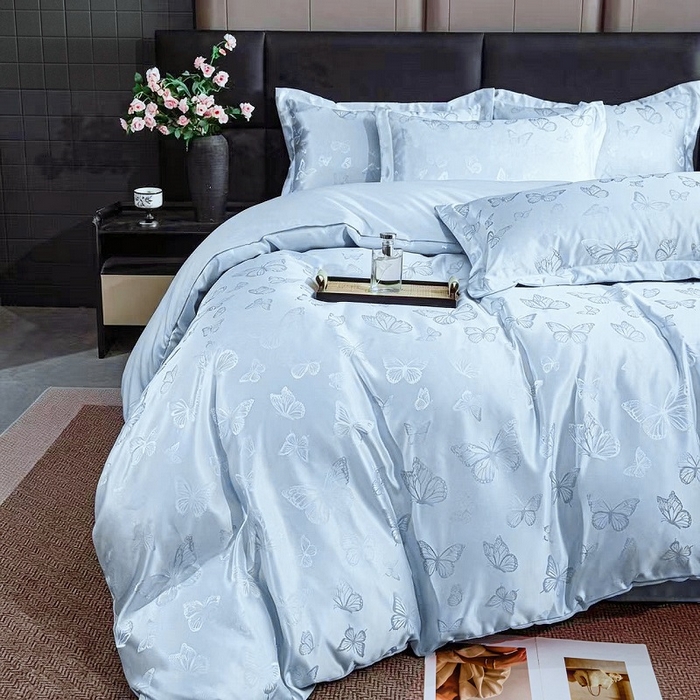 91家纺网 家纺一手货源 找家纺 优美 2026新款简单款水洗提花四件套 蝶之恋-水清兰