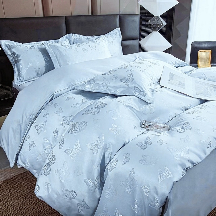 91家纺网 家纺一手货源 找家纺 优美 2026新款简单款水洗提花四件套 蝶之恋-水清兰