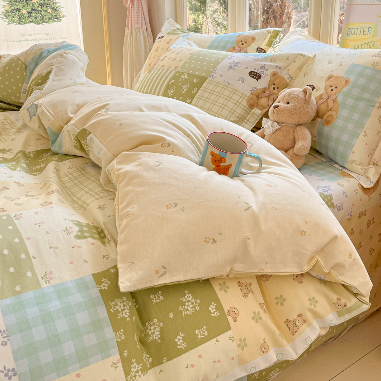 91家纺网 家纺一手货源 找家纺 莱通家纺 2026春夏新款12868全棉印花四件套单品系列二-四件套提供买家秀，预留缩水率） 格纹午后