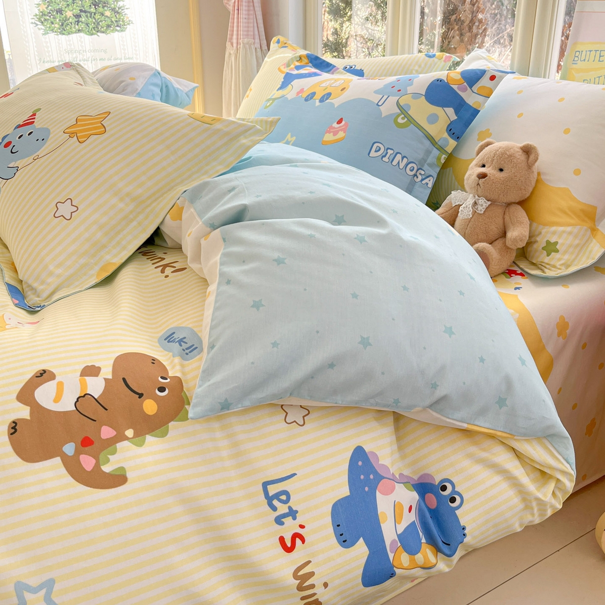 91家纺网 家纺一手货源 找家纺 莱通家纺 2026春夏新款12868全棉印花四件套单品系列二-四件套提供买家秀，预留缩水率） 闲趣恐龙