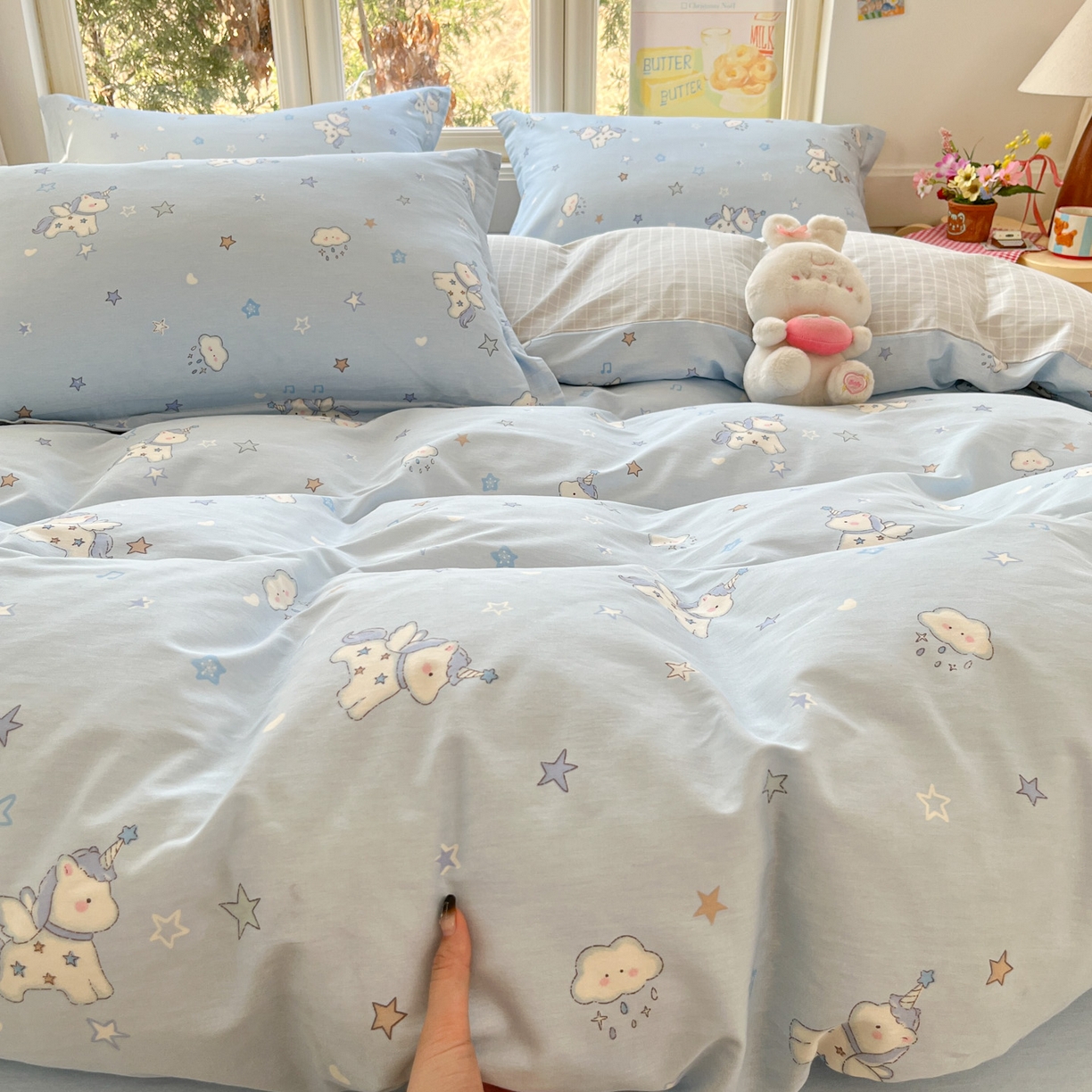 91家纺网 家纺一手货源 找家纺 莱通家纺 2026春夏新款12868全棉印花四件套单品系列二-四件套提供买家秀，预留缩水率） 星星独角兽