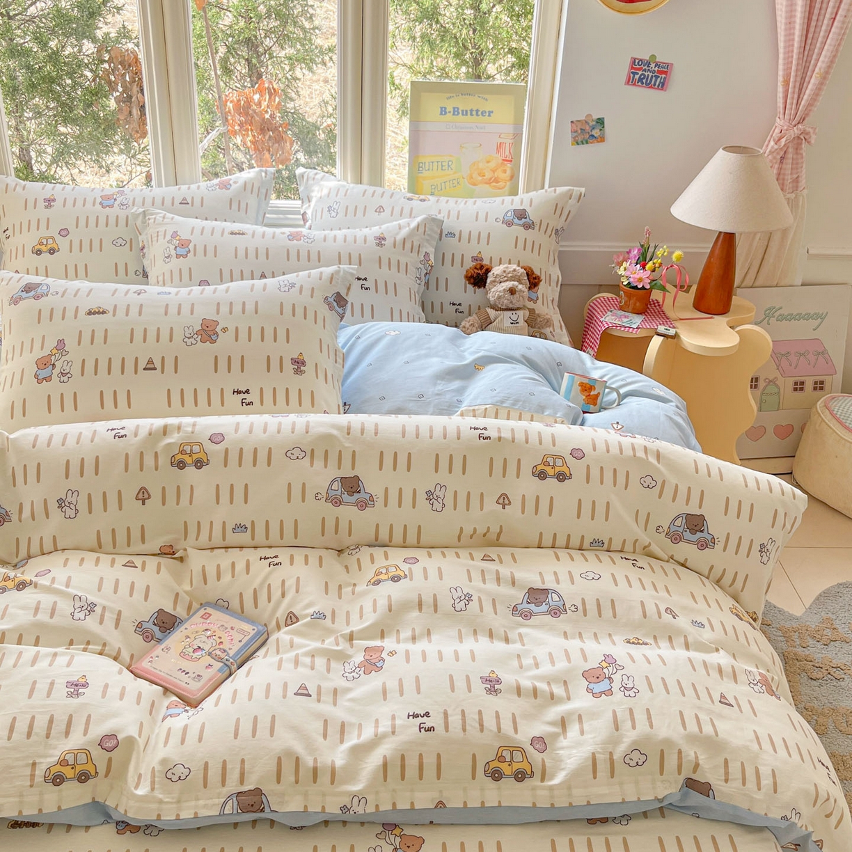 91家纺网 家纺一手货源 找家纺 莱通家纺 2026春夏新款12868全棉印花四件套单品系列二-四件套提供买家秀，预留缩水率） 熊仔小汽车