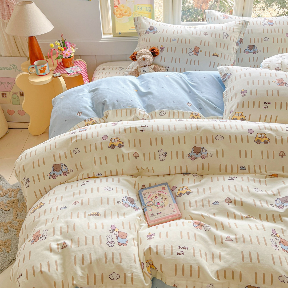 91家纺网 家纺一手货源 找家纺 莱通家纺 2026春夏新款12868全棉印花四件套单品系列二-四件套提供买家秀，预留缩水率） 熊仔小汽车