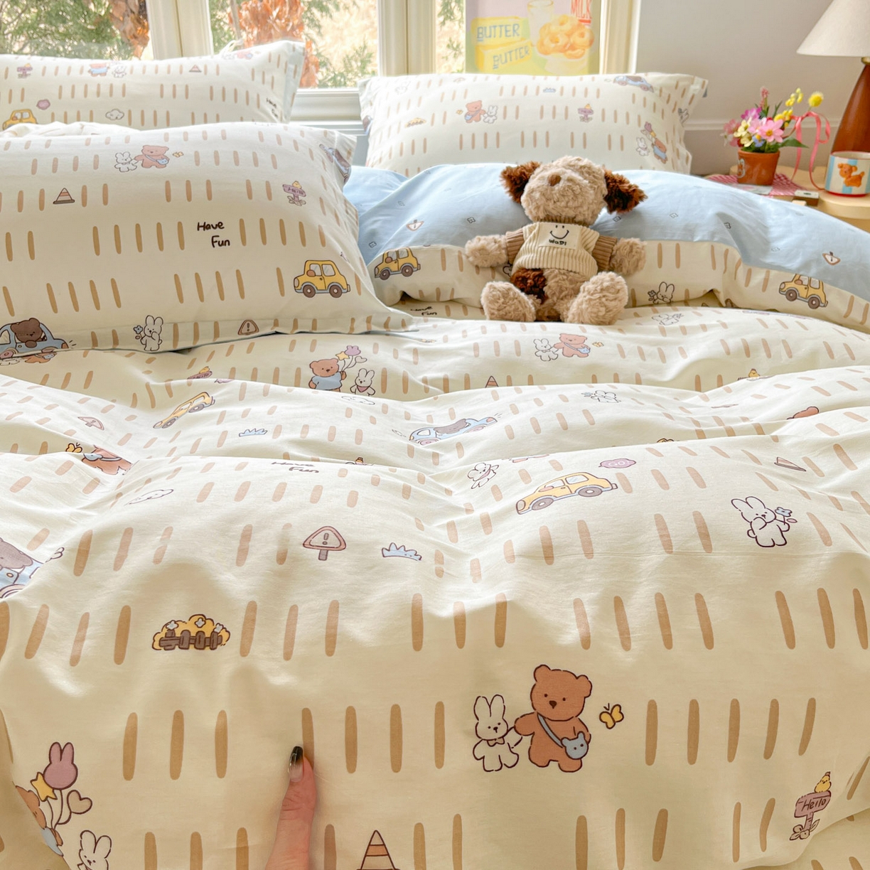 91家纺网 家纺一手货源 找家纺 莱通家纺 2026春夏新款12868全棉印花四件套单品系列二-四件套提供买家秀，预留缩水率） 熊仔小汽车