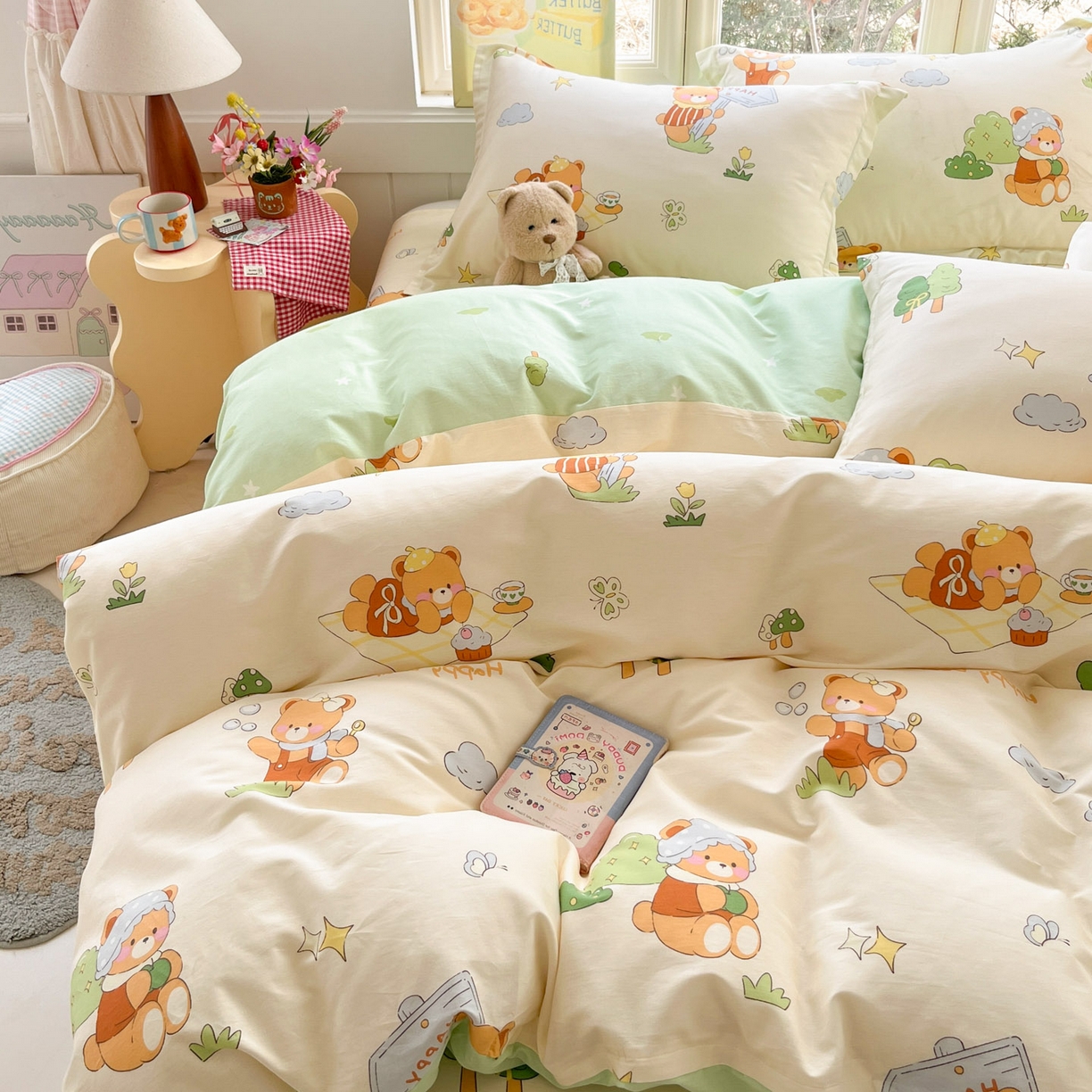 91家纺网 家纺一手货源 找家纺 莱通家纺 2026春夏新款12868全棉印花四件套单品系列二-四件套提供买家秀，预留缩水率） 野炊小熊