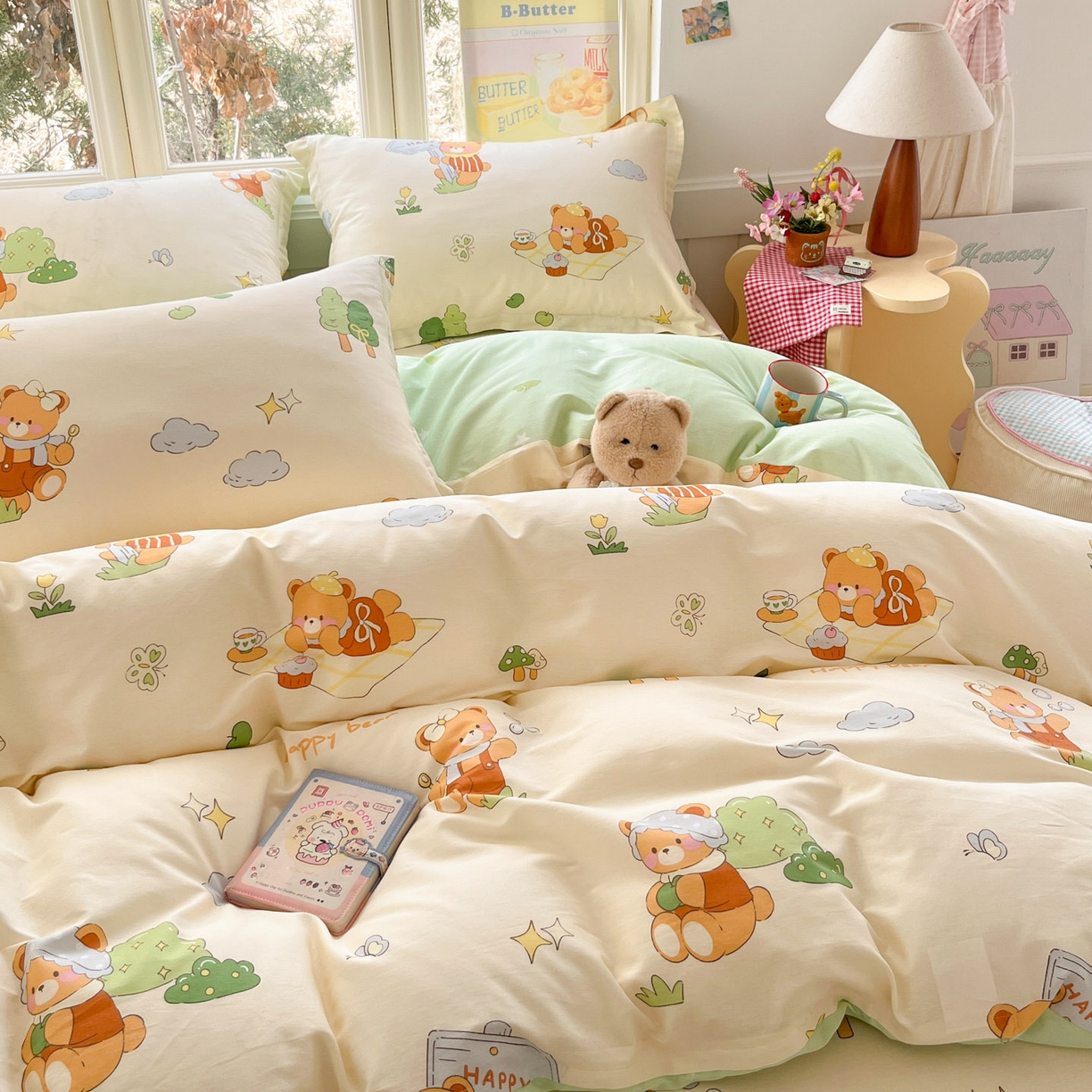 91家纺网 家纺一手货源 找家纺 莱通家纺 2026春夏新款12868全棉印花四件套单品系列二-四件套提供买家秀，预留缩水率） 野炊小熊