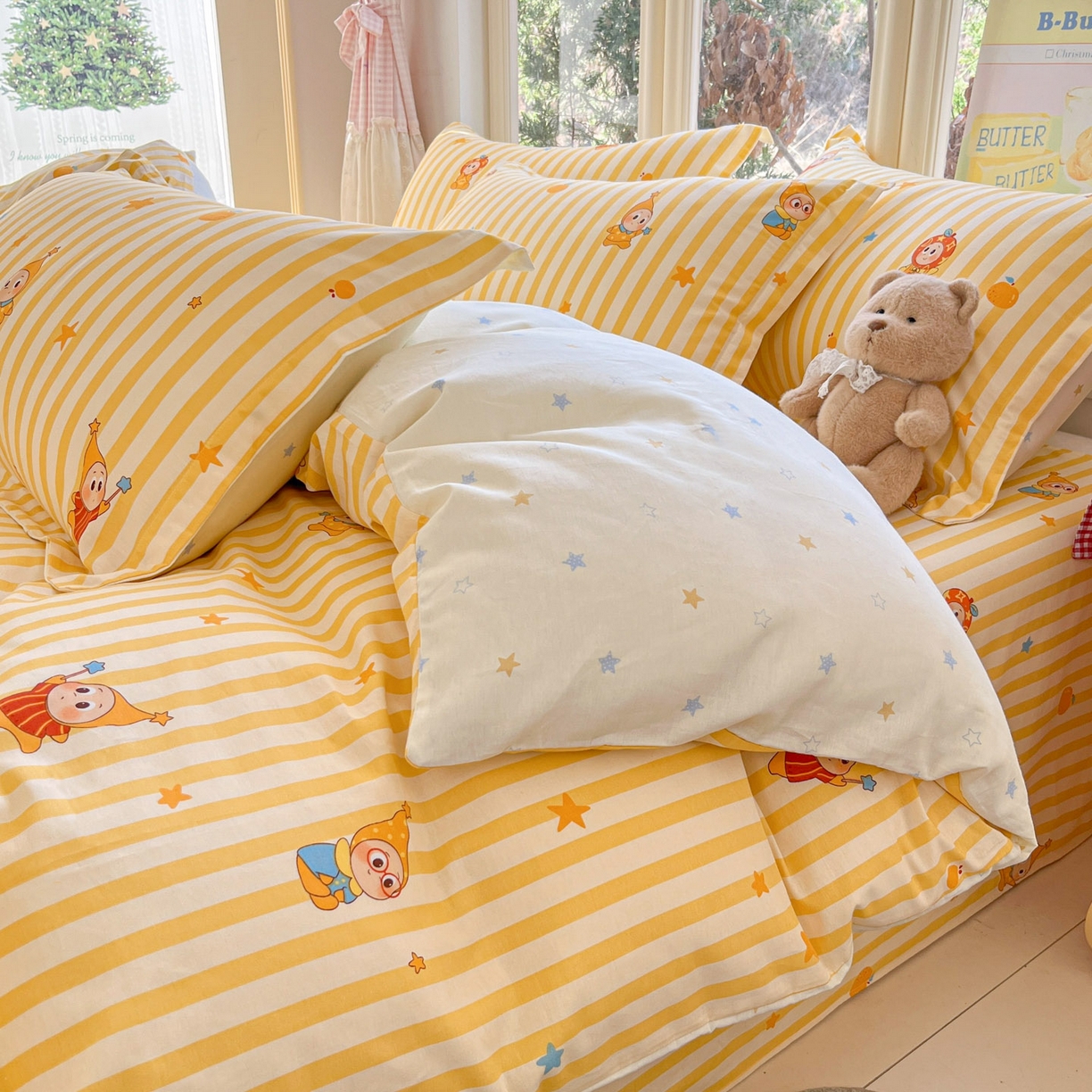 91家纺网 家纺一手货源 找家纺 莱通家纺 2026春夏新款12868全棉印花四件套单品系列二-单被套提供买家秀，预留缩水率） 条纹萌星