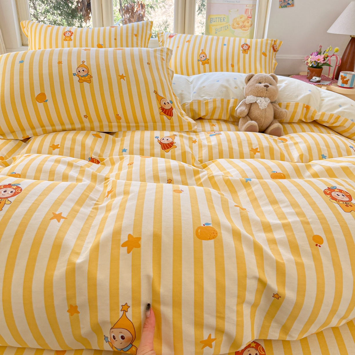 91家纺网 家纺一手货源 找家纺 莱通家纺 2026春夏新款12868全棉印花四件套单品系列二-单被套提供买家秀，预留缩水率） 条纹萌星