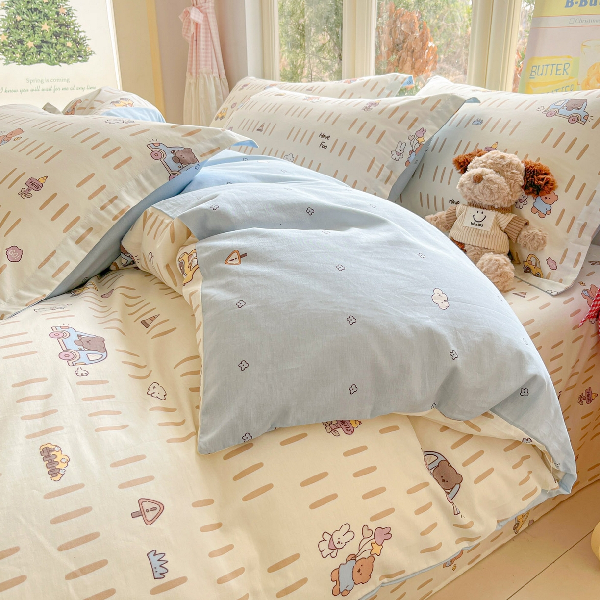 91家纺网 家纺一手货源 找家纺 莱通家纺 2026春夏新款12868全棉印花四件套单品系列二-单被套提供买家秀，预留缩水率） 熊仔小汽车