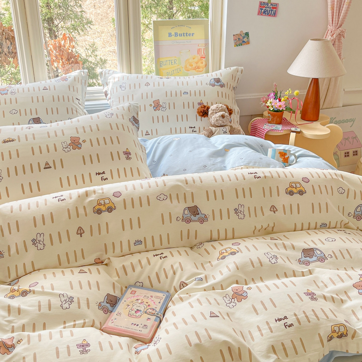 91家纺网 家纺一手货源 找家纺 莱通家纺 2026春夏新款12868全棉印花四件套单品系列二-单被套提供买家秀，预留缩水率） 熊仔小汽车