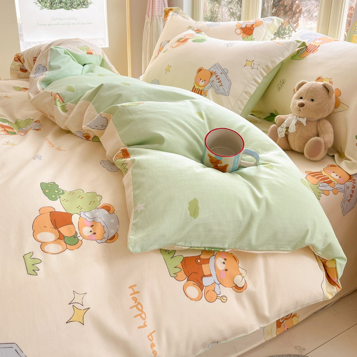 91家纺网 家纺一手货源 找家纺 莱通家纺 2026春夏新款12868全棉印花四件套单品系列二-单被套提供买家秀，预留缩水率） 野炊小熊