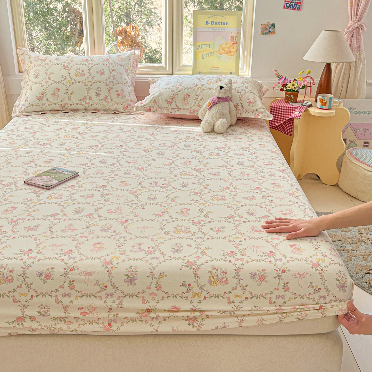 91家纺网 家纺一手货源 找家纺 莱通家纺 2026春夏新款12868全棉印花四件套单品系列二-单床笠 童话花町