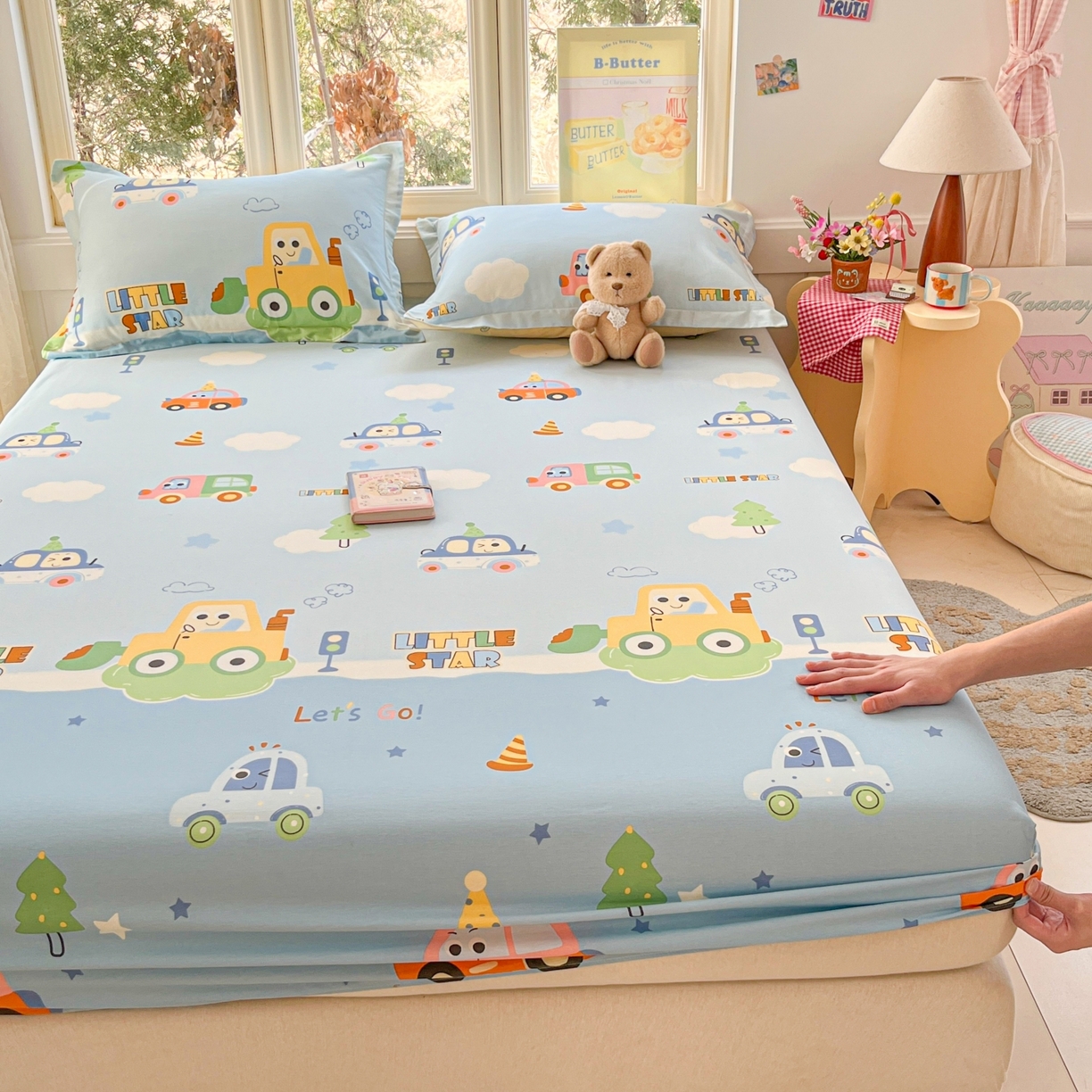 91家纺网 家纺一手货源 找家纺 莱通家纺 2026春夏新款12868全棉印花四件套单品系列二-单床笠 云朵车行