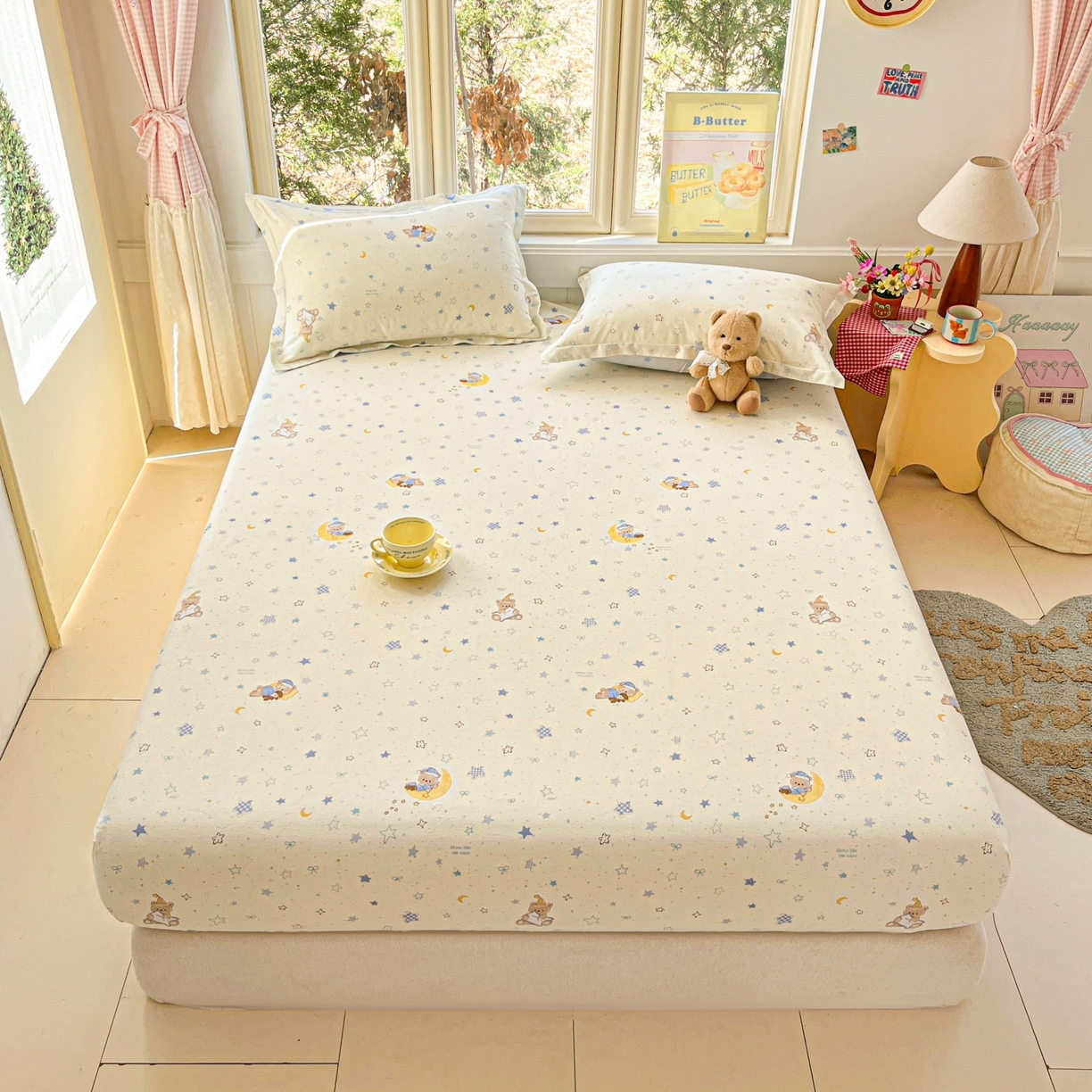 91家纺网 家纺一手货源 找家纺 莱通家纺 2026春夏新款12868全棉印花四件套单品系列二-单床笠 星眠小熊