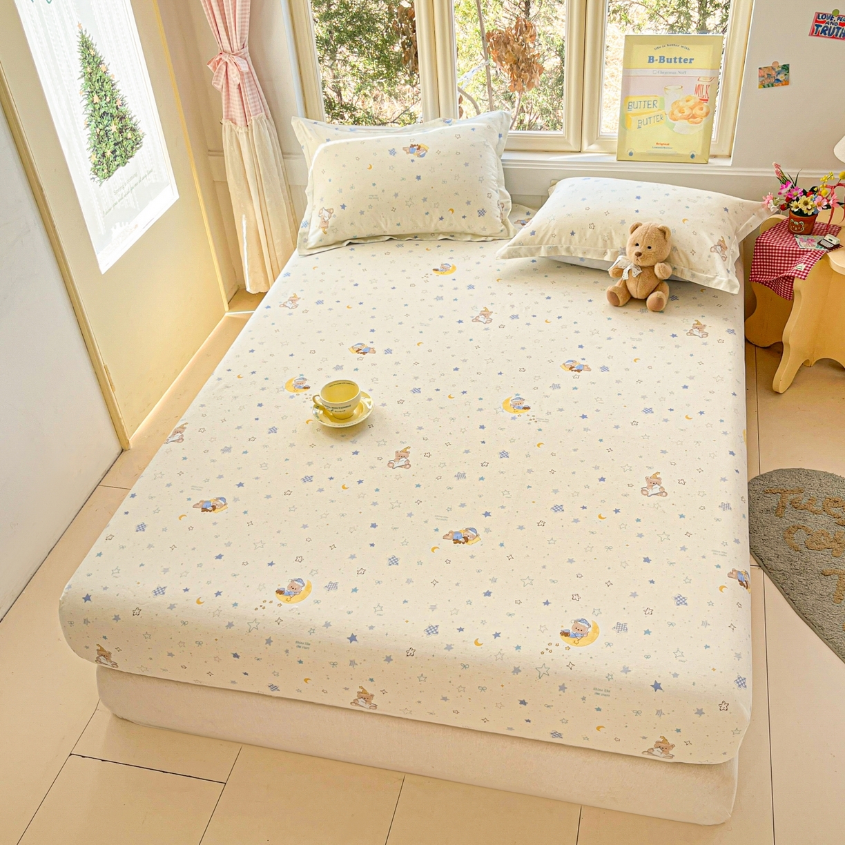 91家纺网 家纺一手货源 找家纺 莱通家纺 2026春夏新款12868全棉印花四件套单品系列二-单床笠 星眠小熊