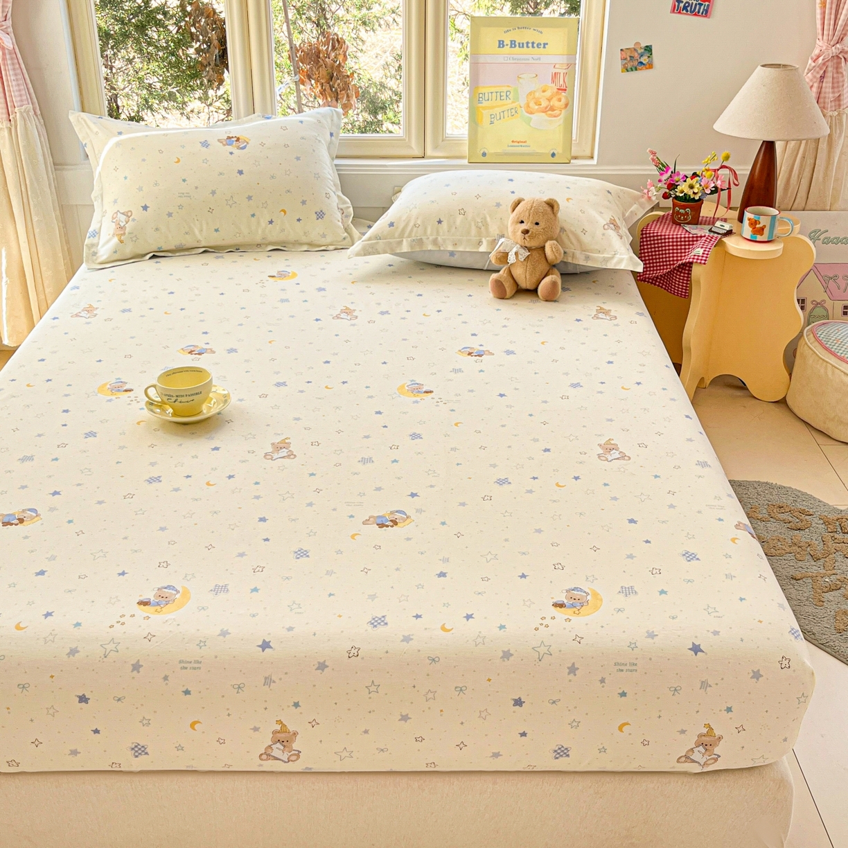 91家纺网 家纺一手货源 找家纺 莱通家纺 2026春夏新款12868全棉印花四件套单品系列二-单床笠 星眠小熊