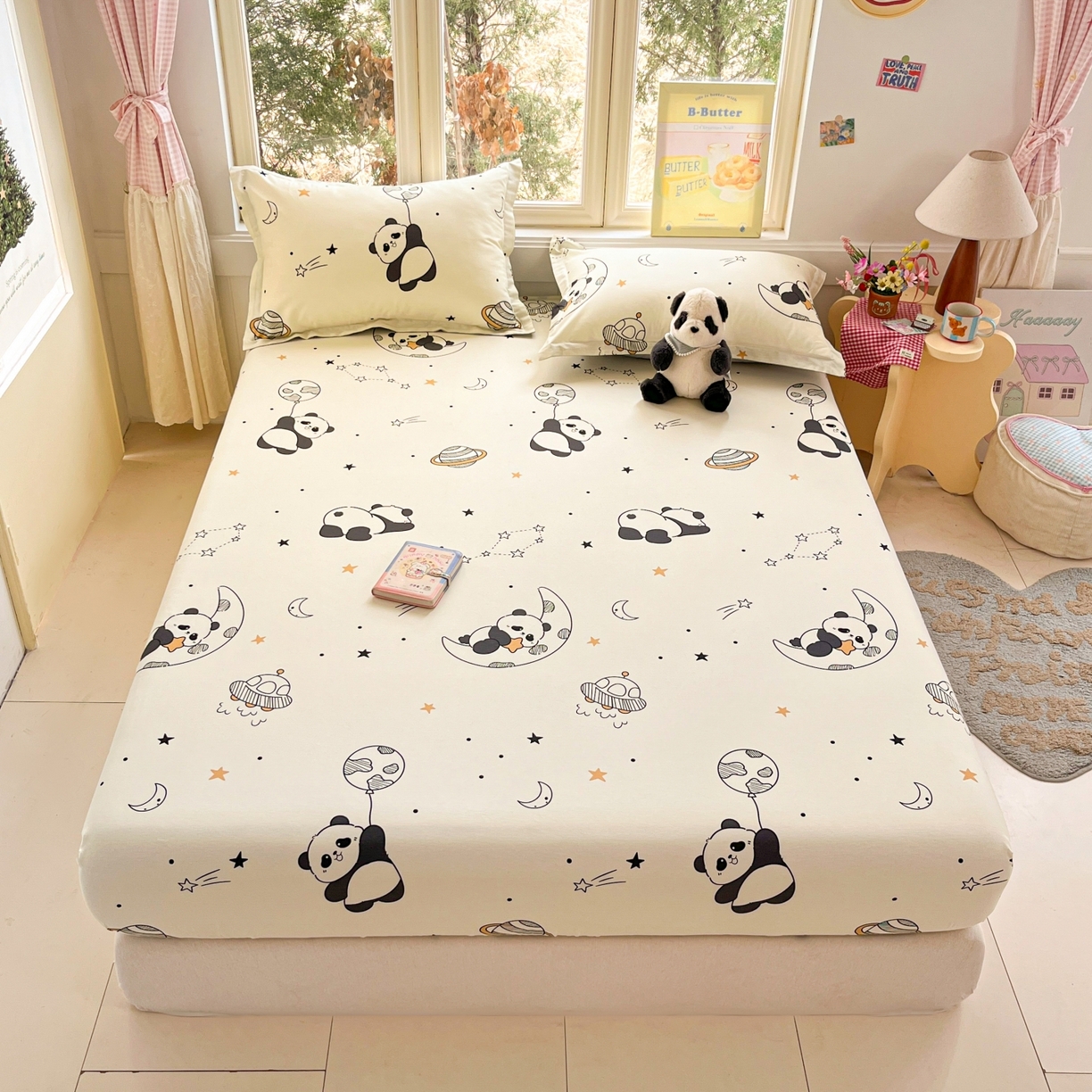 91家纺网 家纺一手货源 找家纺 莱通家纺 2026春夏新款12868全棉印花四件套单品系列二-单床笠 放空小熊猫