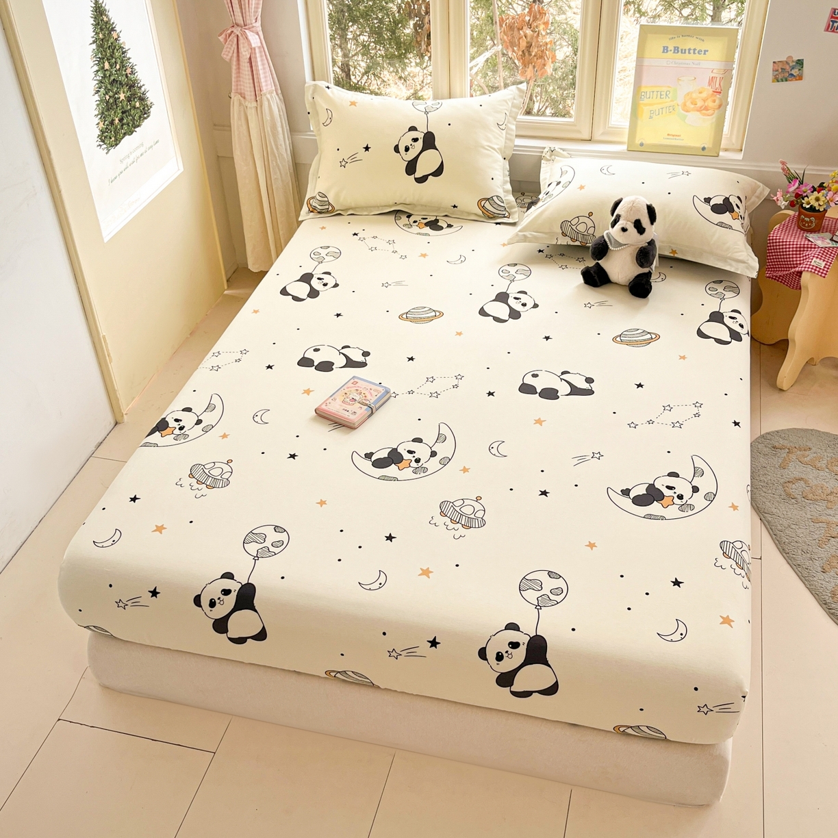 91家纺网 家纺一手货源 找家纺 莱通家纺 2026春夏新款12868全棉印花四件套单品系列二-单床笠 放空小熊猫