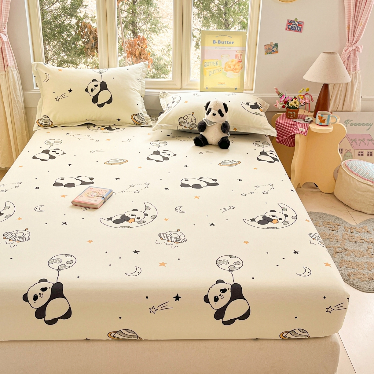 91家纺网 家纺一手货源 找家纺 莱通家纺 2026春夏新款12868全棉印花四件套单品系列二-单床笠 放空小熊猫