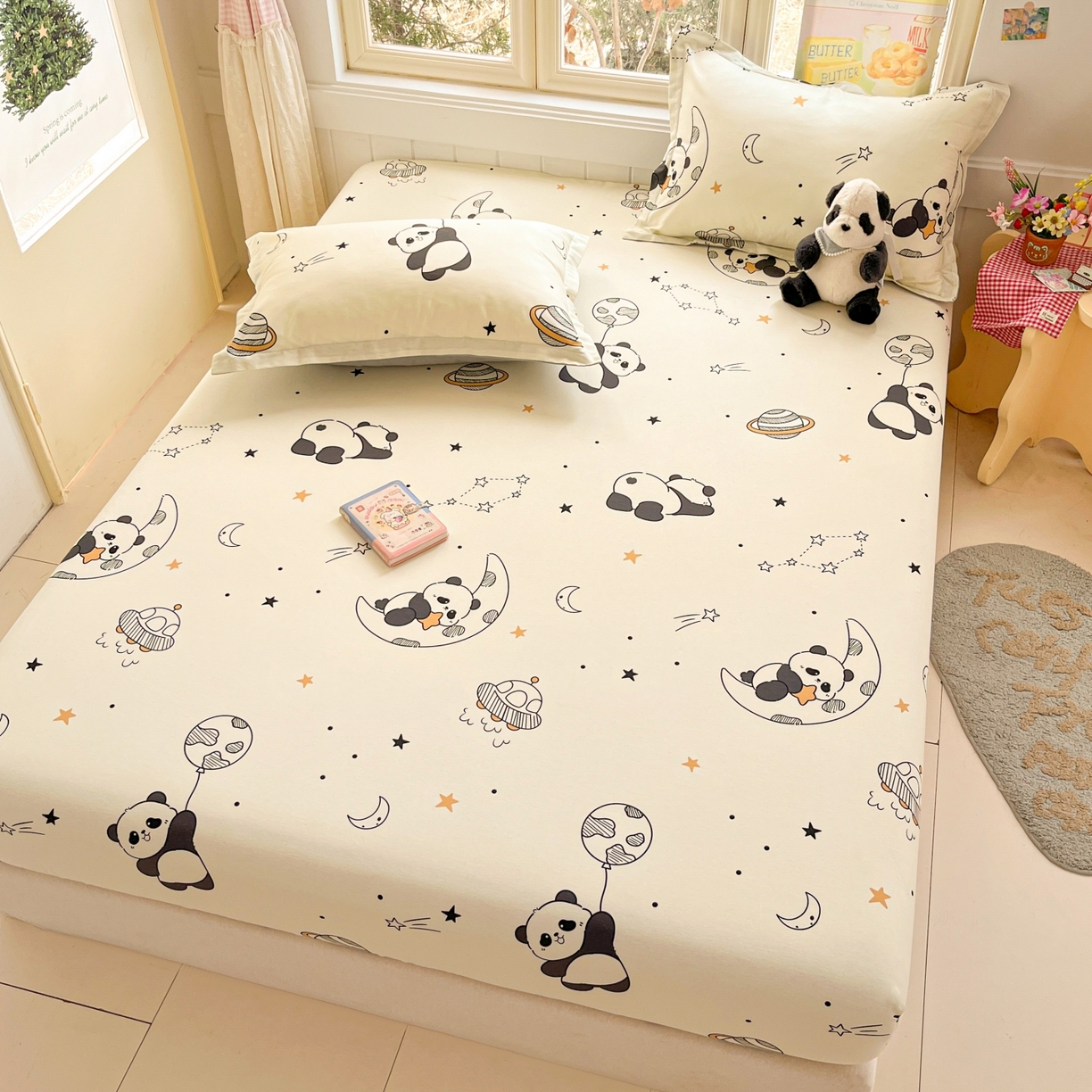 91家纺网 家纺一手货源 找家纺 莱通家纺 2026春夏新款12868全棉印花四件套单品系列二-单床笠 放空小熊猫