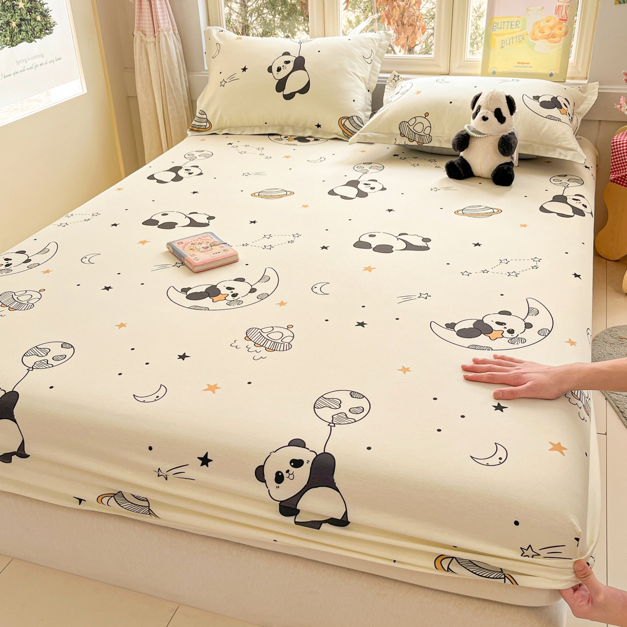 91家纺网 家纺一手货源 找家纺 莱通家纺 2026春夏新款12868全棉印花四件套单品系列二-单床笠 放空小熊猫