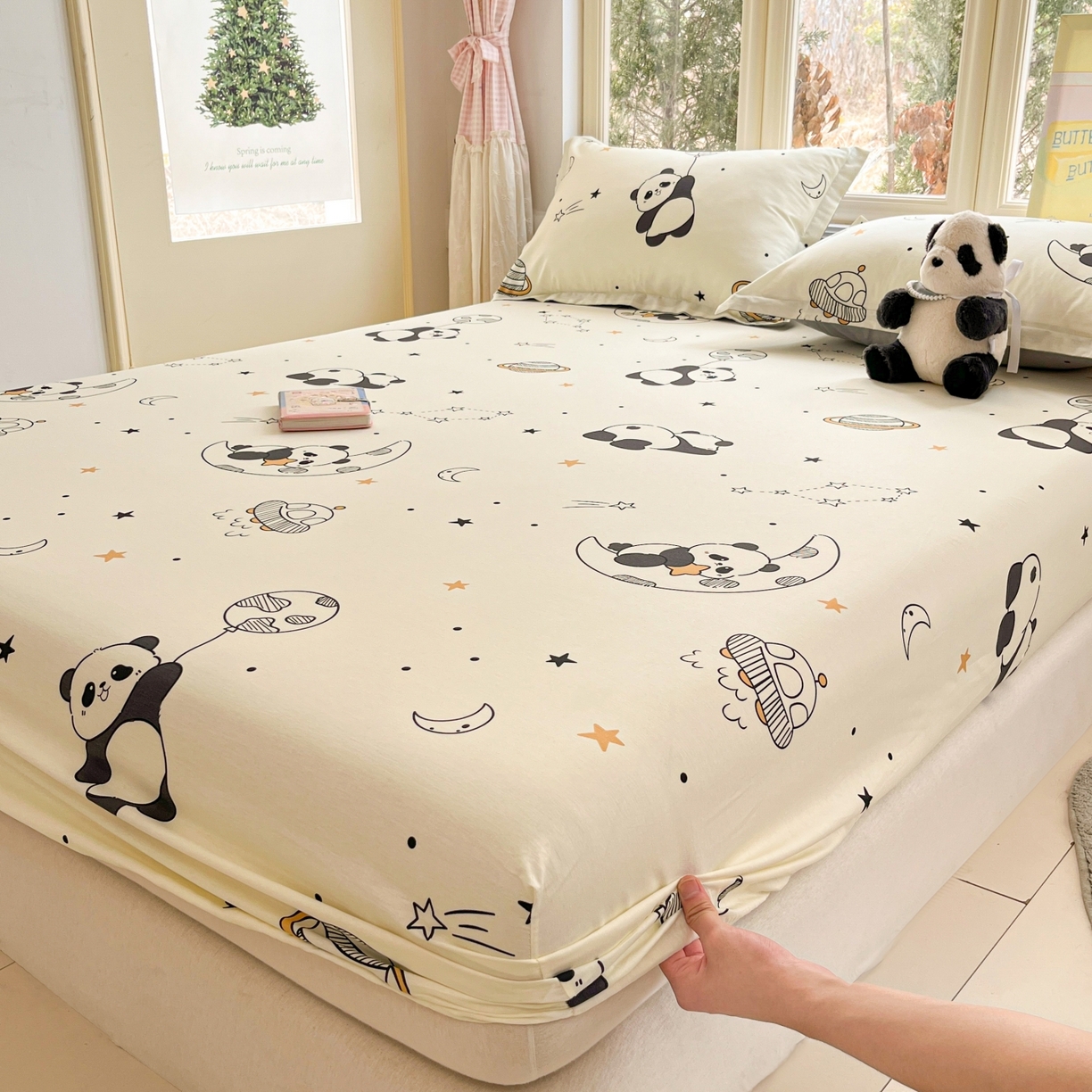 91家纺网 家纺一手货源 找家纺 莱通家纺 2026春夏新款12868全棉印花四件套单品系列二-单床笠 放空小熊猫