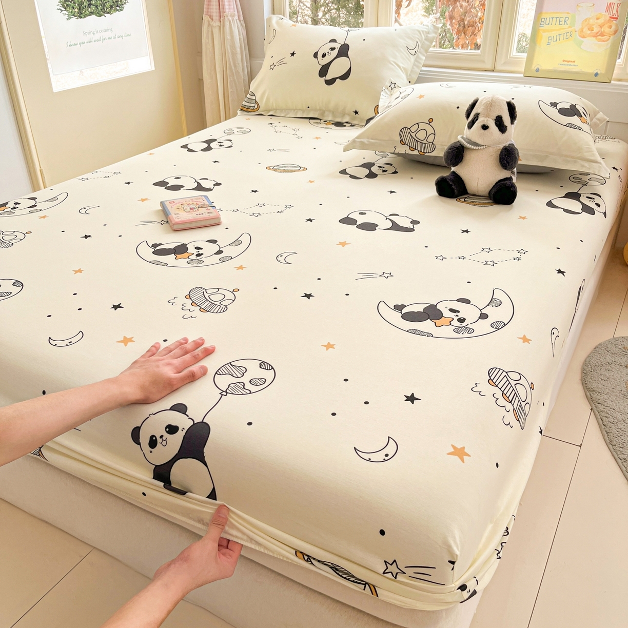 91家纺网 家纺一手货源 找家纺 莱通家纺 2026春夏新款12868全棉印花四件套单品系列二-单床笠 放空小熊猫