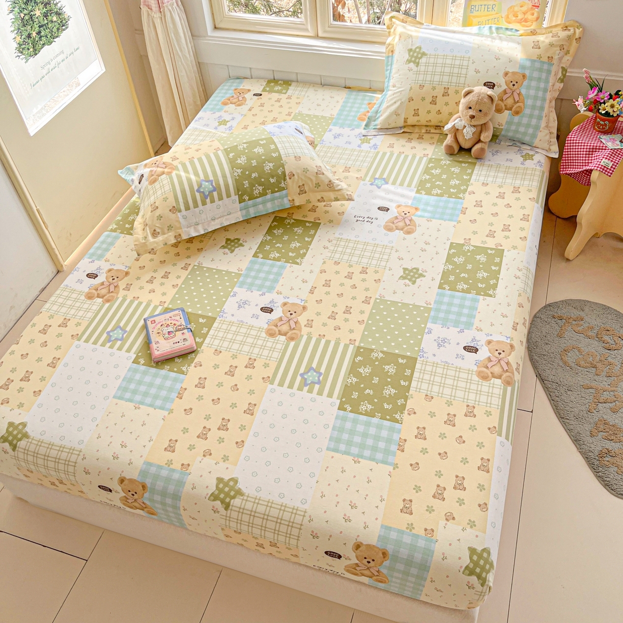 91家纺网 家纺一手货源 找家纺 莱通家纺 2026春夏新款12868全棉印花四件套单品系列二-单床笠 格纹午后