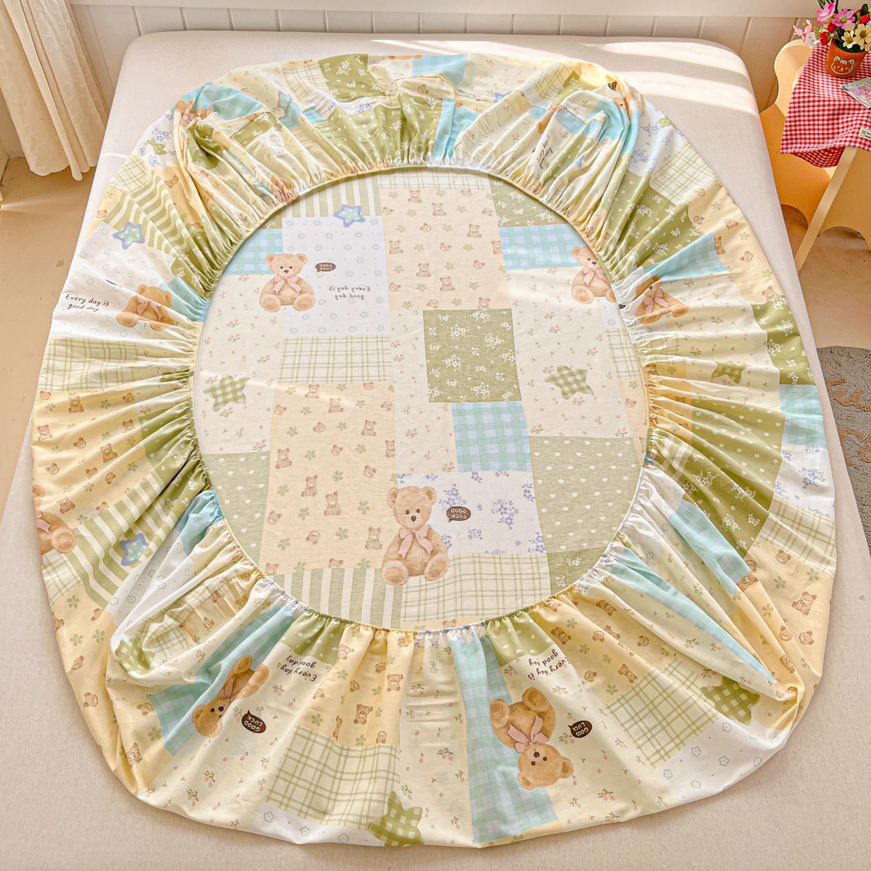 91家纺网 家纺一手货源 找家纺 莱通家纺 2026春夏新款12868全棉印花四件套单品系列二-单床笠 格纹午后