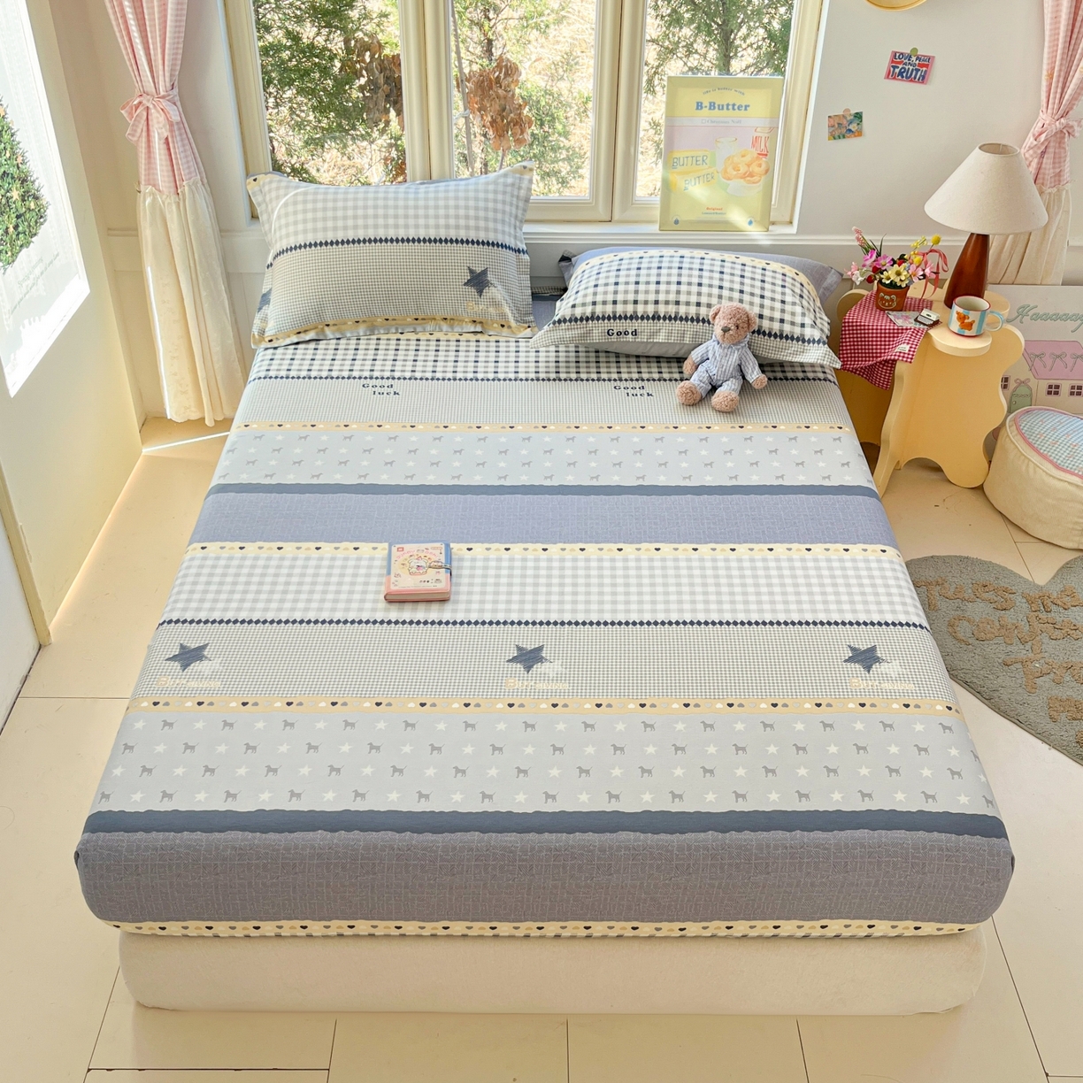 91家纺网 家纺一手货源 找家纺 莱通家纺 2026春夏新款12868全棉印花四件套单品系列二-单床笠 蓝星语