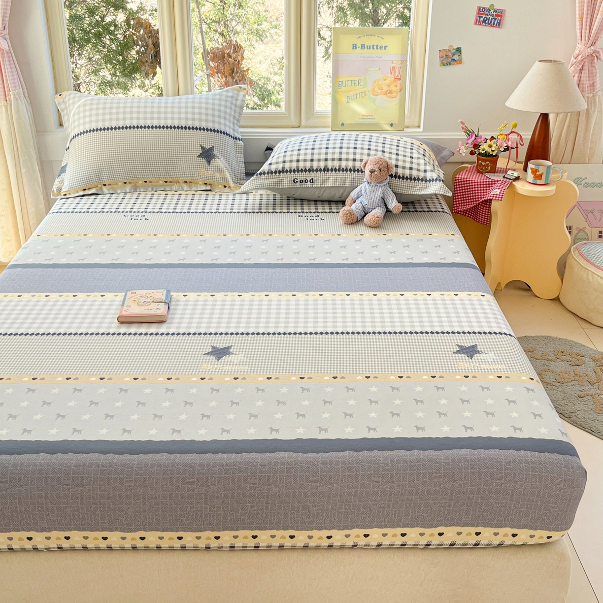 91家纺网 家纺一手货源 找家纺 莱通家纺 2026春夏新款12868全棉印花四件套单品系列二-单床笠 蓝星语