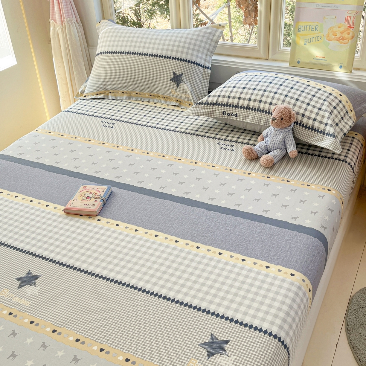 91家纺网 家纺一手货源 找家纺 莱通家纺 2026春夏新款12868全棉印花四件套单品系列二-单床笠 蓝星语