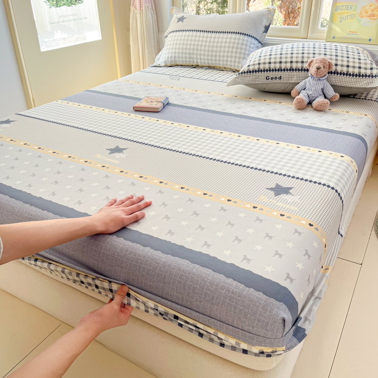 91家纺网 家纺一手货源 找家纺 莱通家纺 2026春夏新款12868全棉印花四件套单品系列二-单床笠 蓝星语