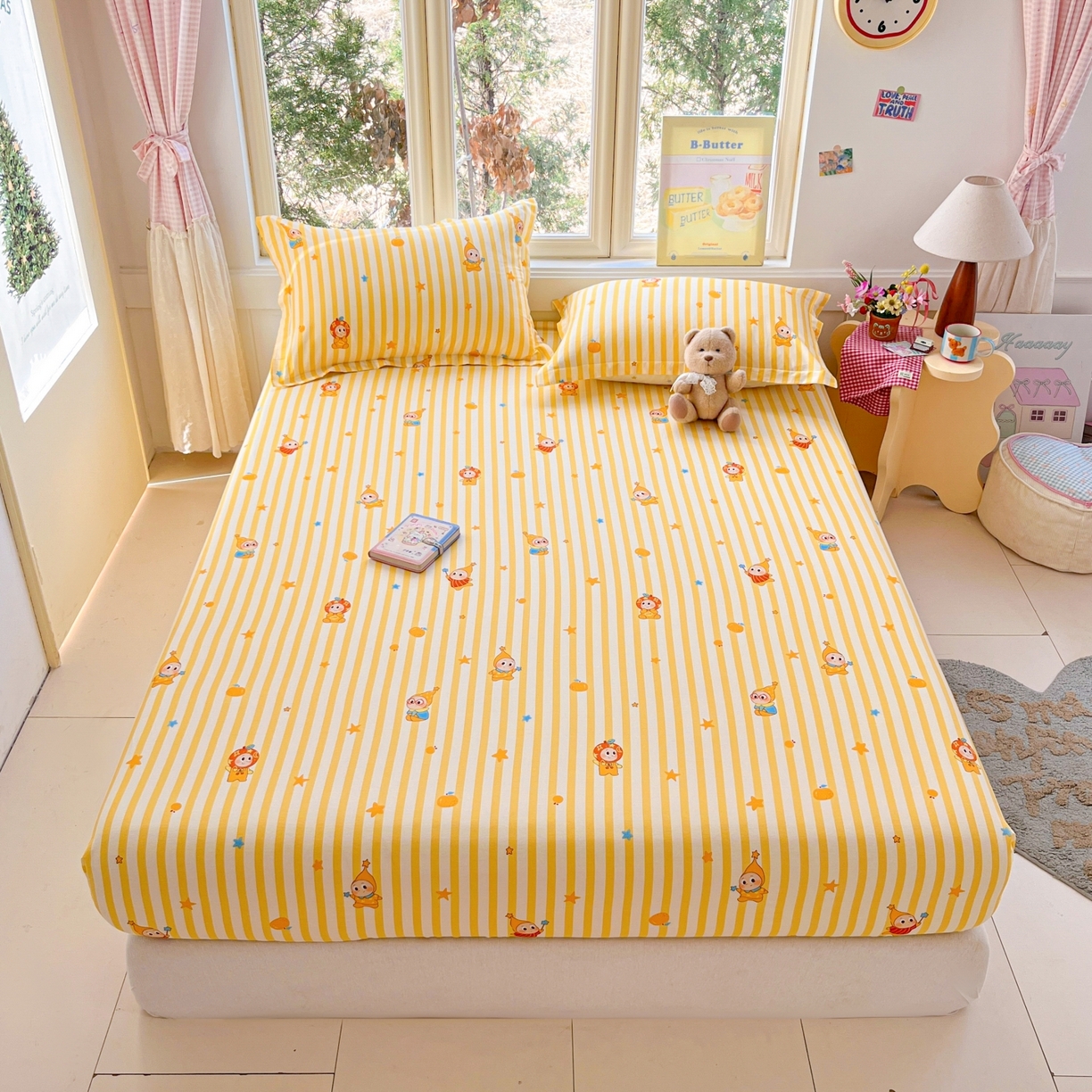 91家纺网 家纺一手货源 找家纺 莱通家纺 2026春夏新款12868全棉印花四件套单品系列二-单床笠 条纹萌星