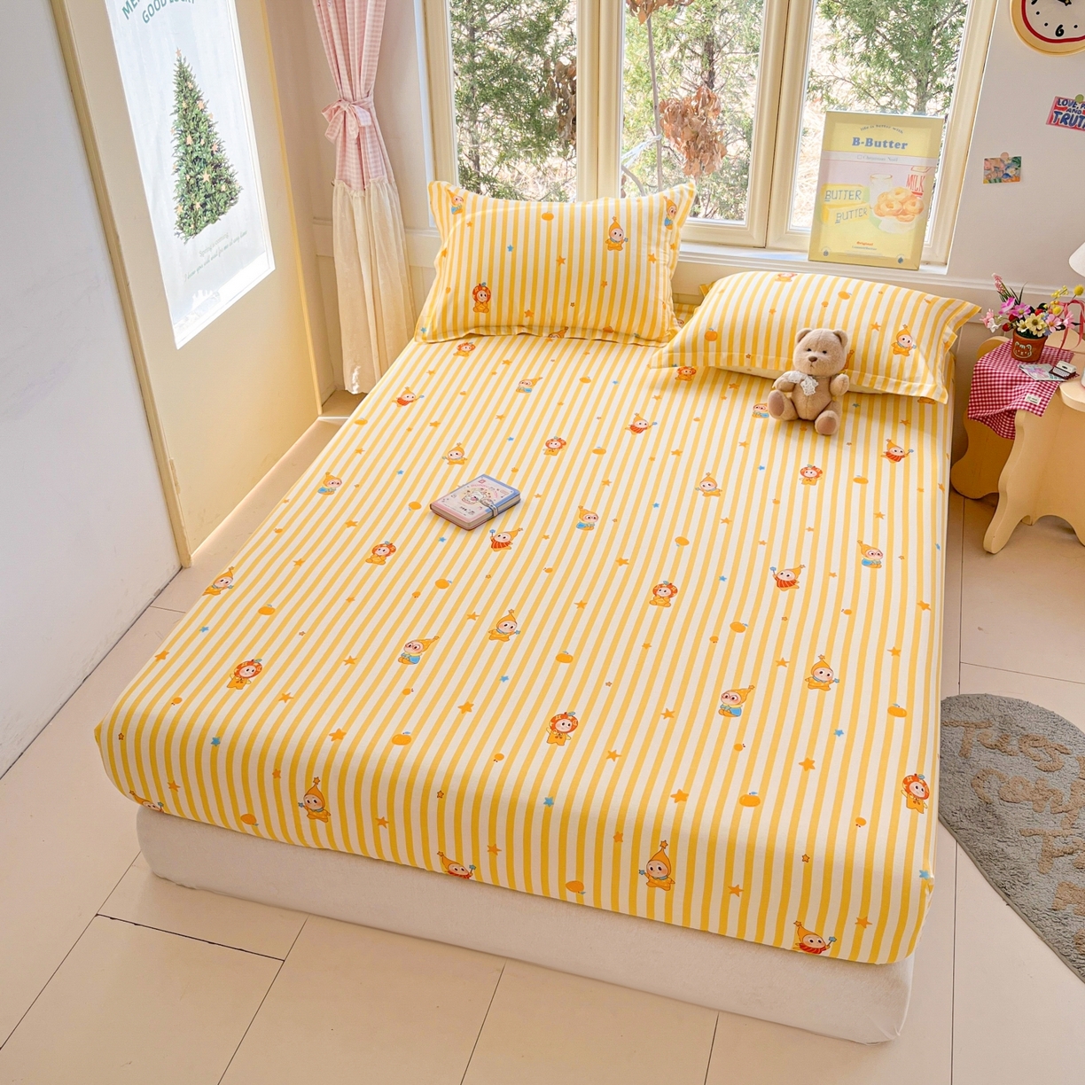 91家纺网 家纺一手货源 找家纺 莱通家纺 2026春夏新款12868全棉印花四件套单品系列二-单床笠 条纹萌星