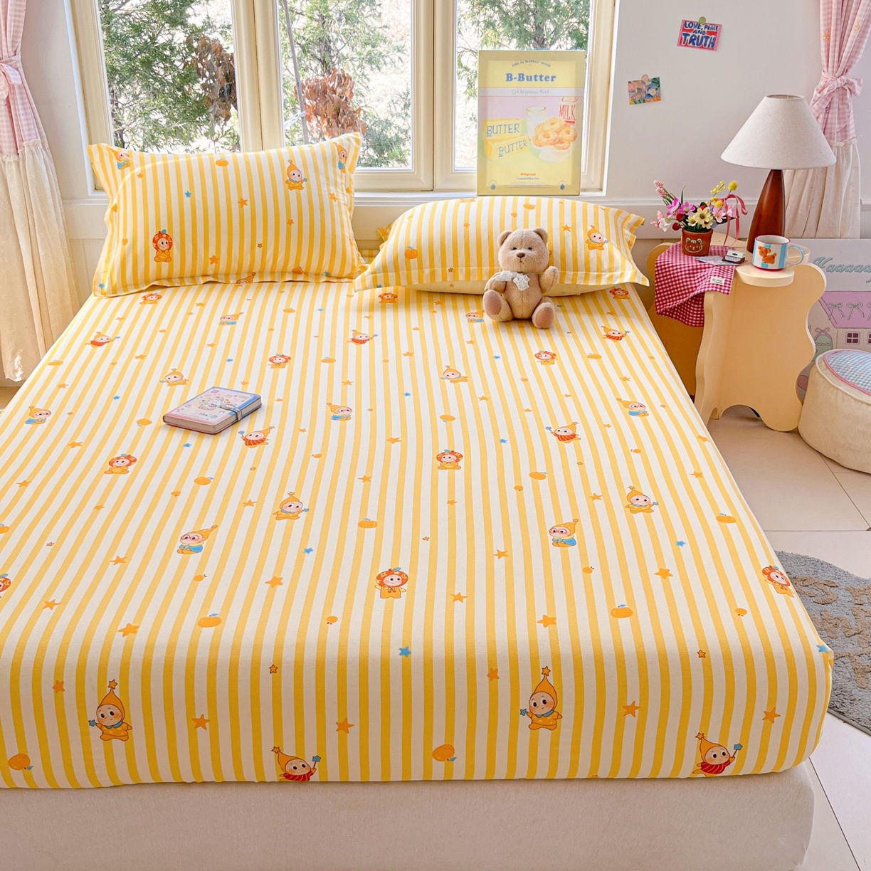 91家纺网 家纺一手货源 找家纺 莱通家纺 2026春夏新款12868全棉印花四件套单品系列二-单床笠 条纹萌星