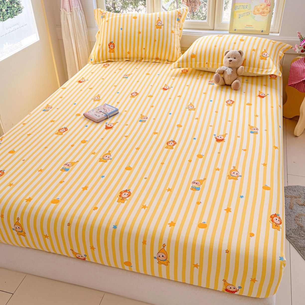 91家纺网 家纺一手货源 找家纺 莱通家纺 2026春夏新款12868全棉印花四件套单品系列二-单床笠 条纹萌星