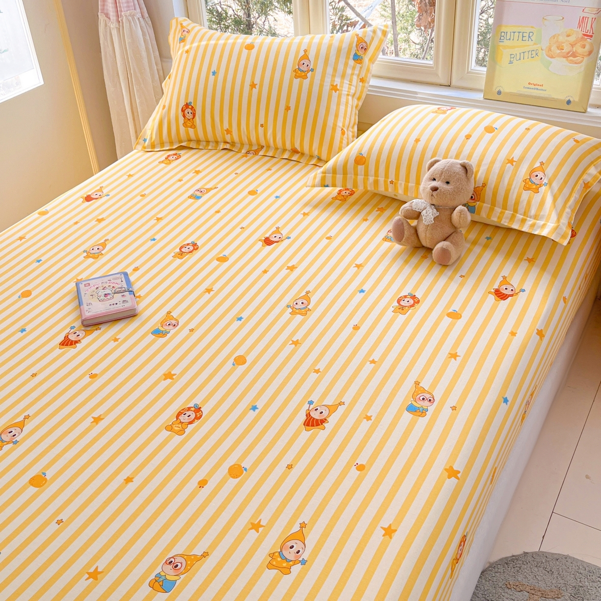 91家纺网 家纺一手货源 找家纺 莱通家纺 2026春夏新款12868全棉印花四件套单品系列二-单床笠 条纹萌星