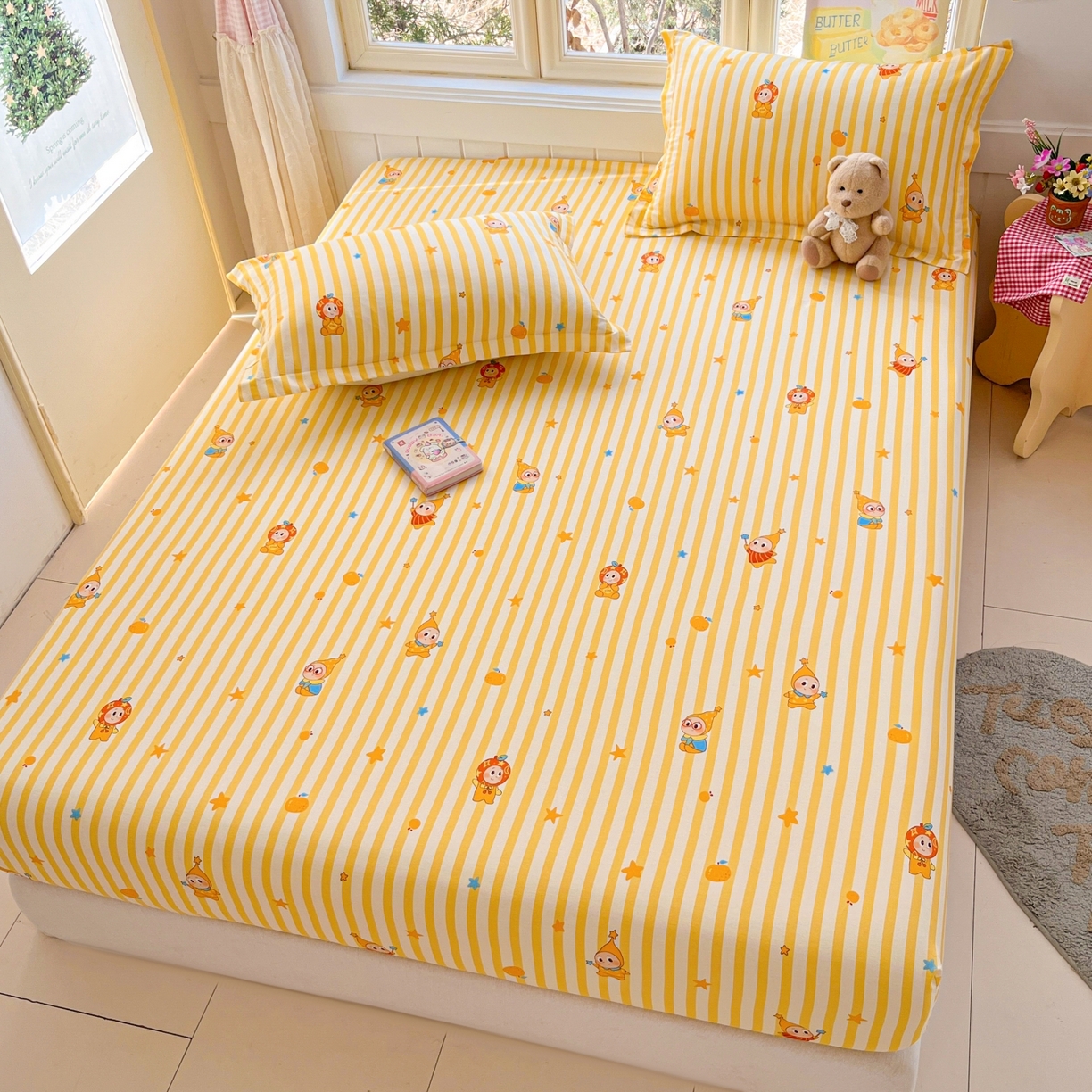 91家纺网 家纺一手货源 找家纺 莱通家纺 2026春夏新款12868全棉印花四件套单品系列二-单床笠 条纹萌星