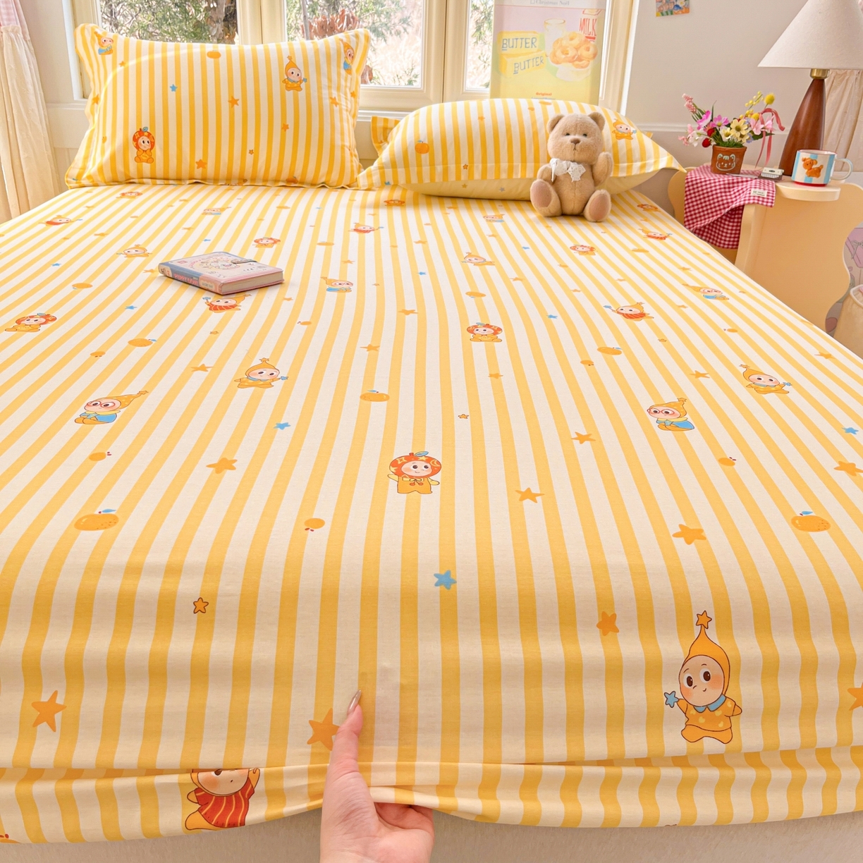 91家纺网 家纺一手货源 找家纺 莱通家纺 2026春夏新款12868全棉印花四件套单品系列二-单床笠 条纹萌星