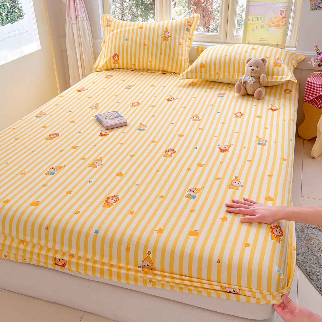 91家纺网 家纺一手货源 找家纺 莱通家纺 2026春夏新款12868全棉印花四件套单品系列二-单床笠 条纹萌星