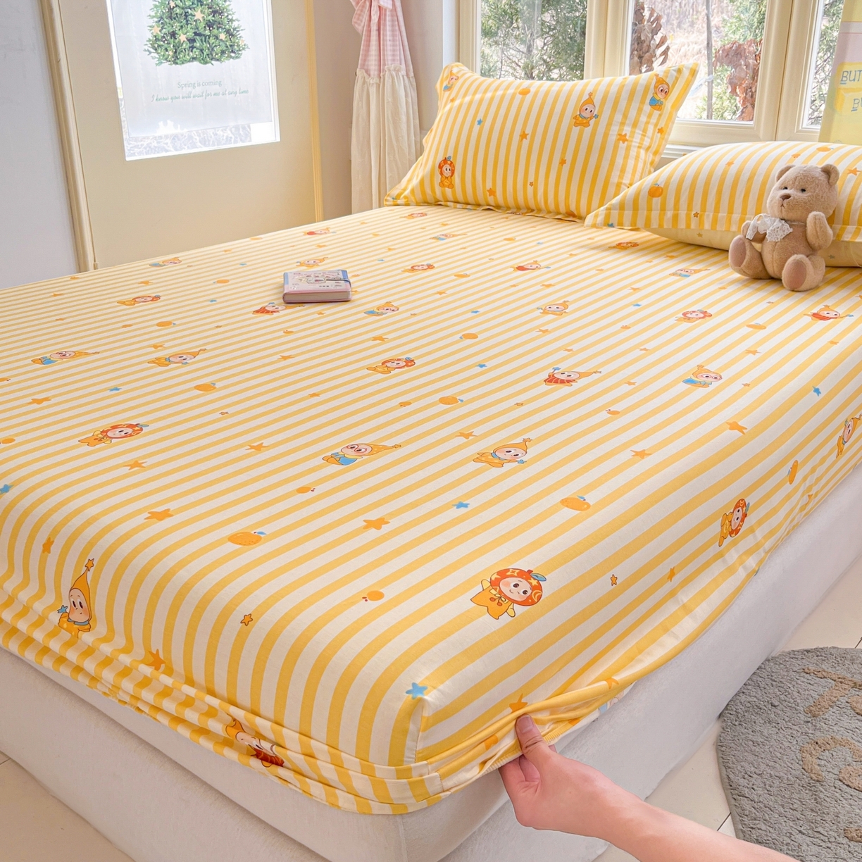 91家纺网 家纺一手货源 找家纺 莱通家纺 2026春夏新款12868全棉印花四件套单品系列二-单床笠 条纹萌星