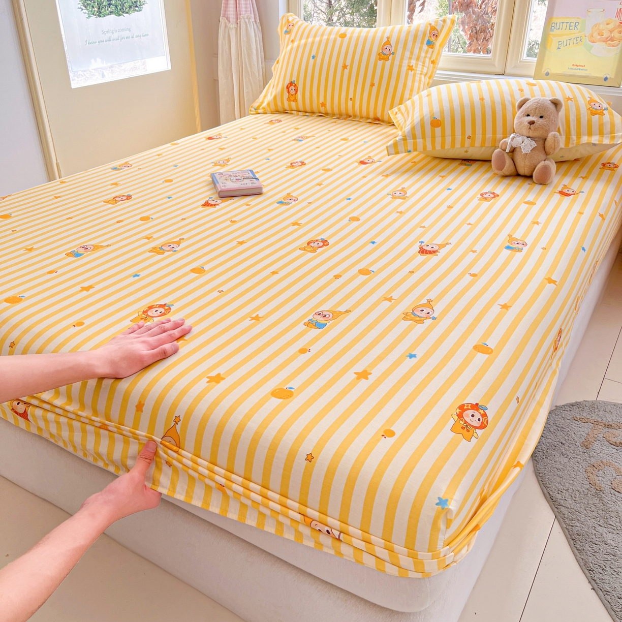 91家纺网 家纺一手货源 找家纺 莱通家纺 2026春夏新款12868全棉印花四件套单品系列二-单床笠 条纹萌星