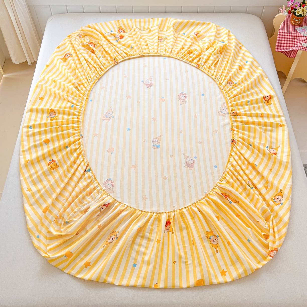 91家纺网 家纺一手货源 找家纺 莱通家纺 2026春夏新款12868全棉印花四件套单品系列二-单床笠 条纹萌星