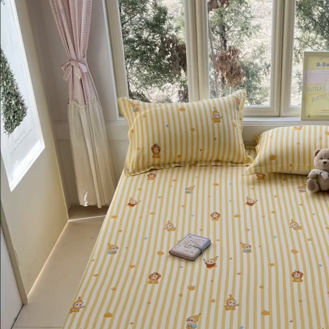 91家纺网 家纺一手货源 找家纺 莱通家纺 2026春夏新款12868全棉印花四件套单品系列二-单床笠 条纹萌星