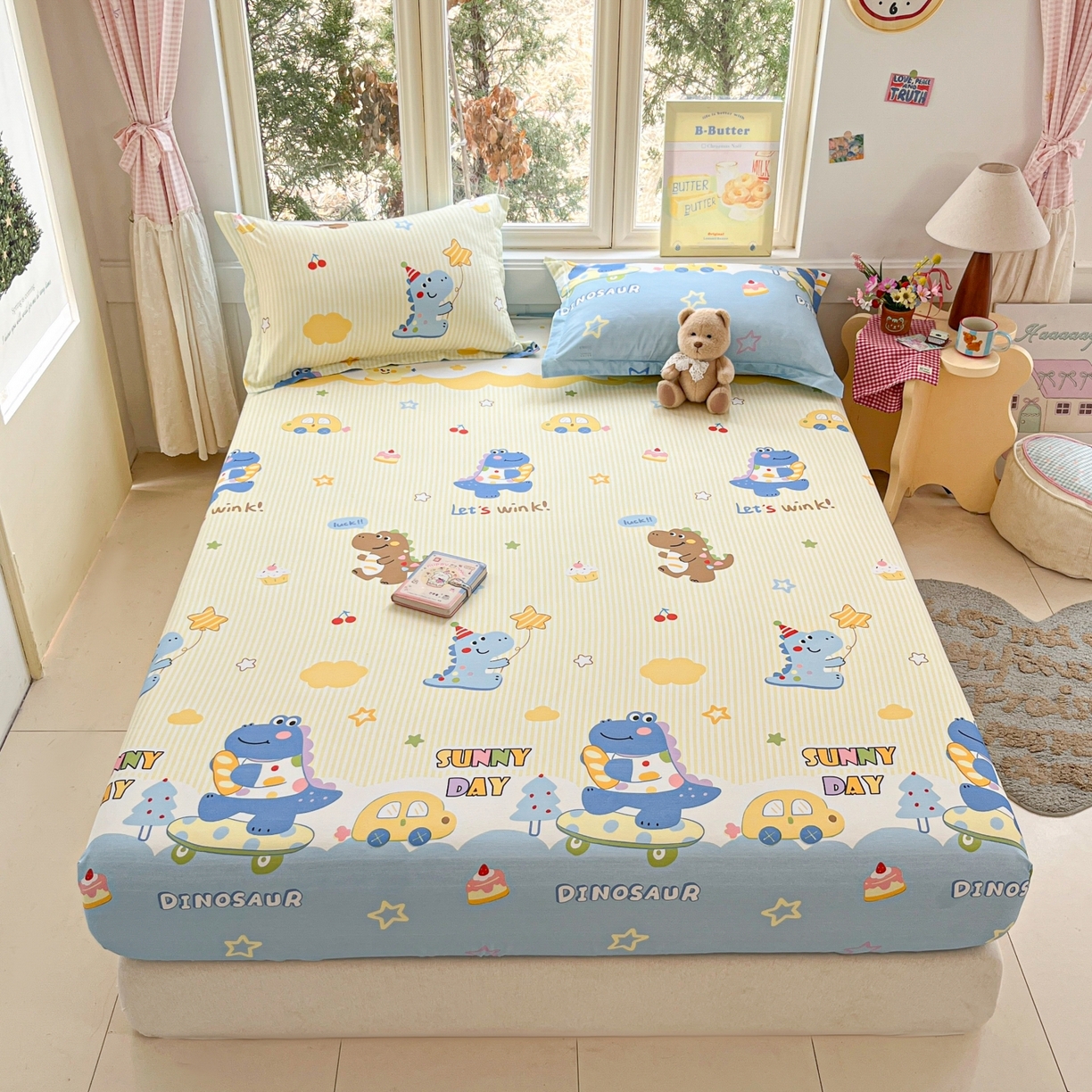 91家纺网 家纺一手货源 找家纺 莱通家纺 2026春夏新款12868全棉印花四件套单品系列二-单床笠 闲趣恐龙