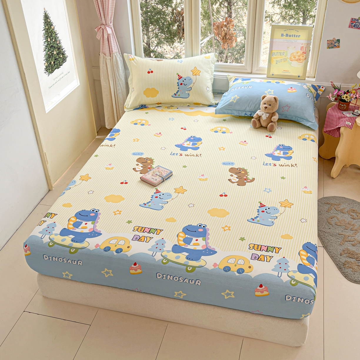 91家纺网 家纺一手货源 找家纺 莱通家纺 2026春夏新款12868全棉印花四件套单品系列二-单床笠 闲趣恐龙