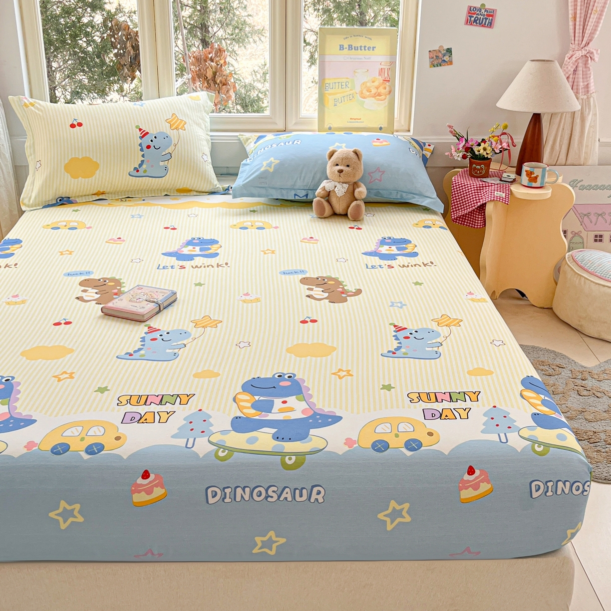 91家纺网 家纺一手货源 找家纺 莱通家纺 2026春夏新款12868全棉印花四件套单品系列二-单床笠 闲趣恐龙