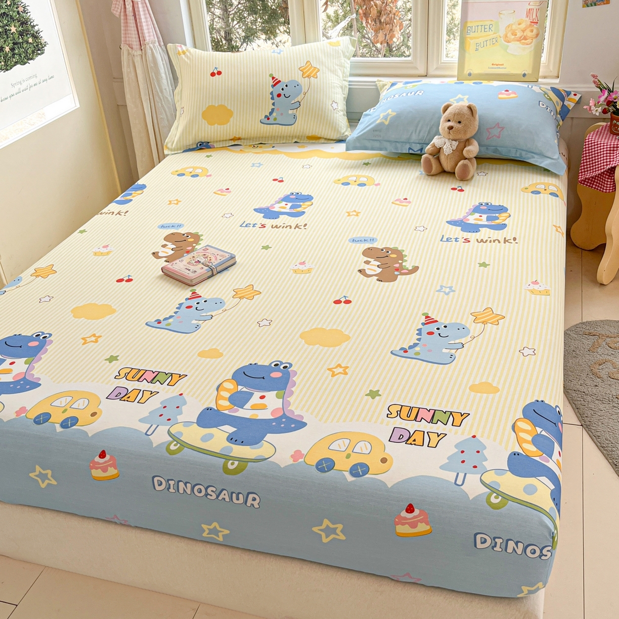 91家纺网 家纺一手货源 找家纺 莱通家纺 2026春夏新款12868全棉印花四件套单品系列二-单床笠 闲趣恐龙